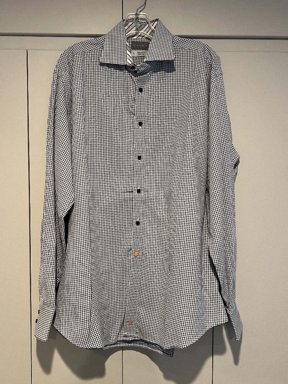 Thomas Dean Blue & White Gingham Check Flip Cuff Button Down Shirt XL